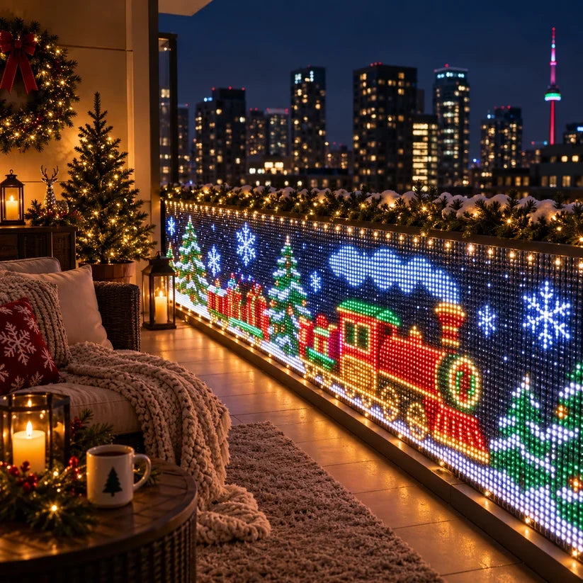 Animated RGB curtain lights displaying a Christmas train on a balcony