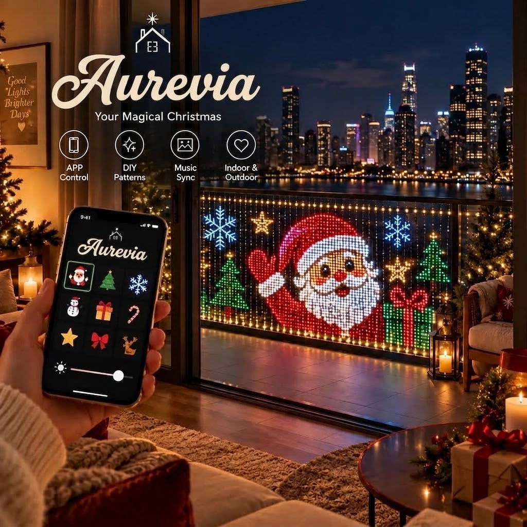 Animated Christmas curtain lights controlled by phone on a balcony
